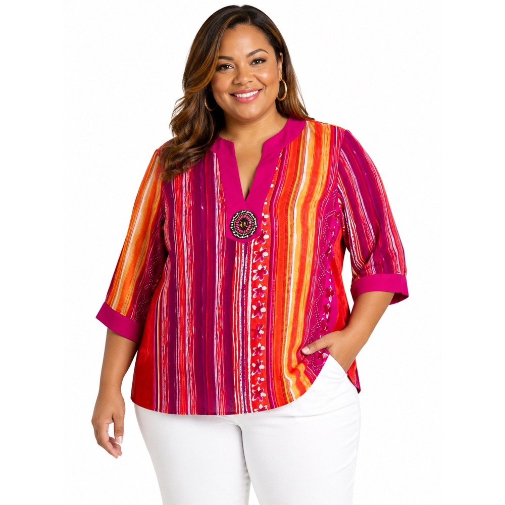 Kim Rogers Signature Artisan 2X Pink Orange Striped Beaded Medallion Tunic‎ Top